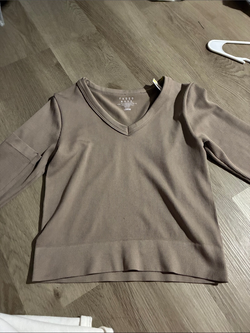 Faded Glory Ribbed V-Neck Long Sleeve Top - Taupe